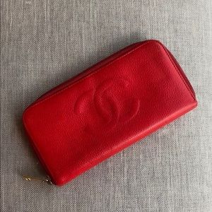 Chanel Caviar CC Red Pink Zip Around Wallet